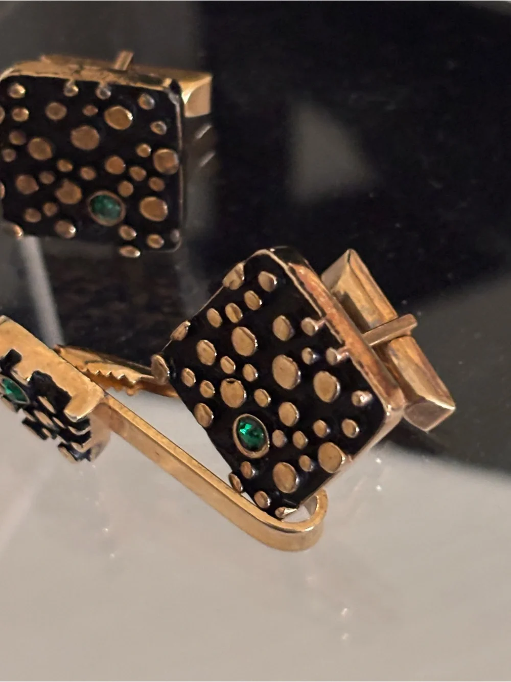 Vintage Collectible Square Cufflinks & Tie Bar with Green Accent Stones